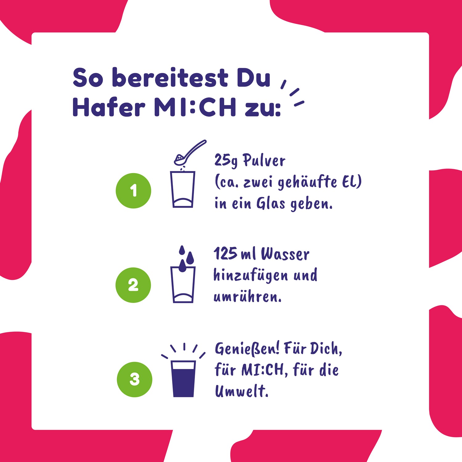 Drinkmich Hafermilchpulver mit Erdbeergeschmack Zubereitungsanleitung in drei Schritten vor weiß rosamen Hintergrund