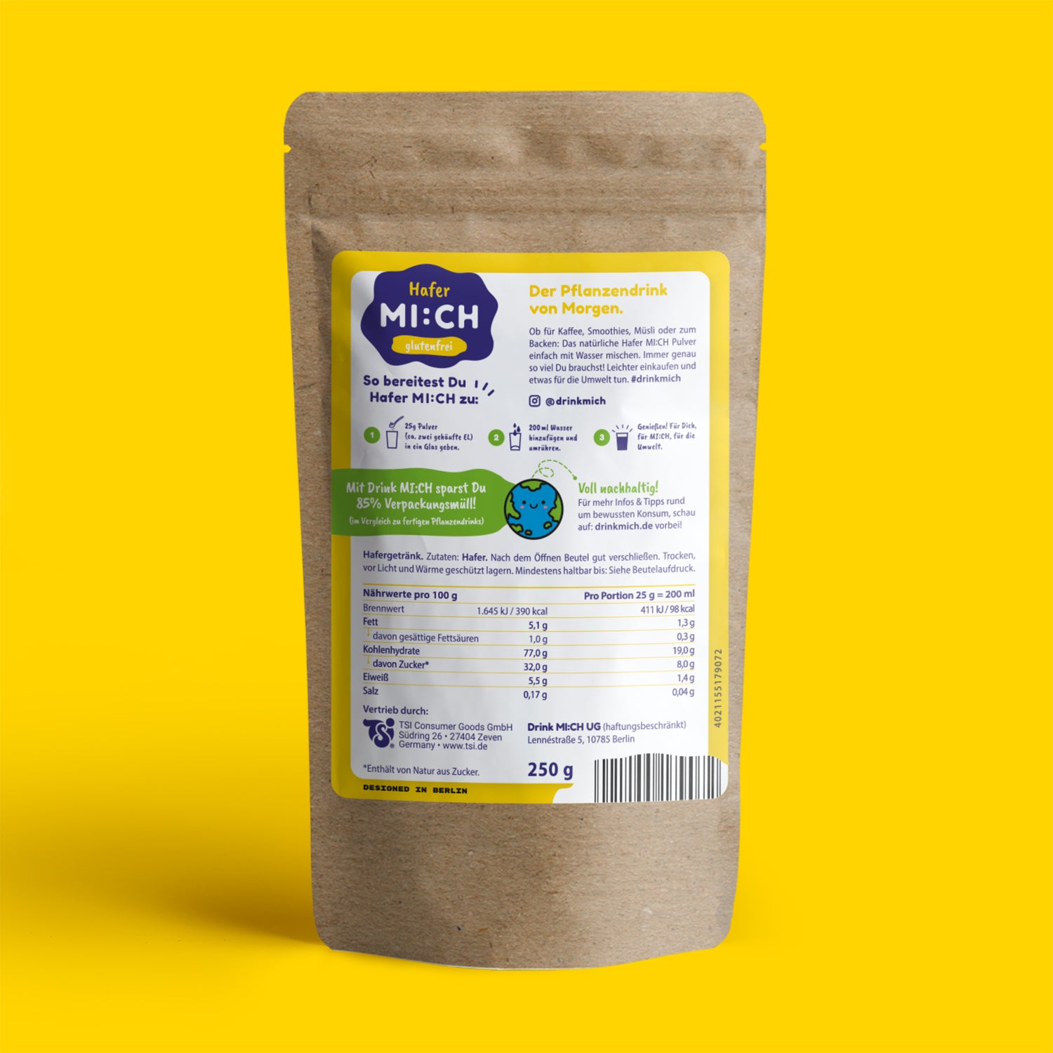 Drinkmich Hafermilchpulver Glutenfrei Rückseite der Produktverpackung vor gelbem Hintergrund