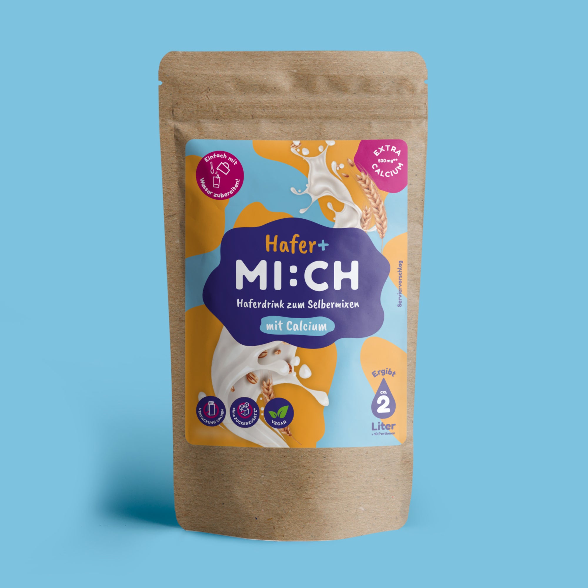 Drinkmich Haferplus Haferdrink zum Selbermixen mit Calcium perfekt für Kleinkinder produktbild vor hellblauem Hintergrund