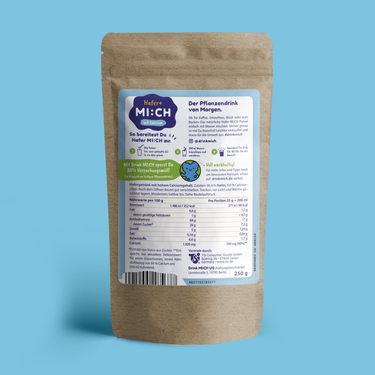 Drinkmich Hafermilchpulver mit calcium für Babys und Kleinkinder perfekt geeignet produktrückseite vor hellbalauem Hintergrund