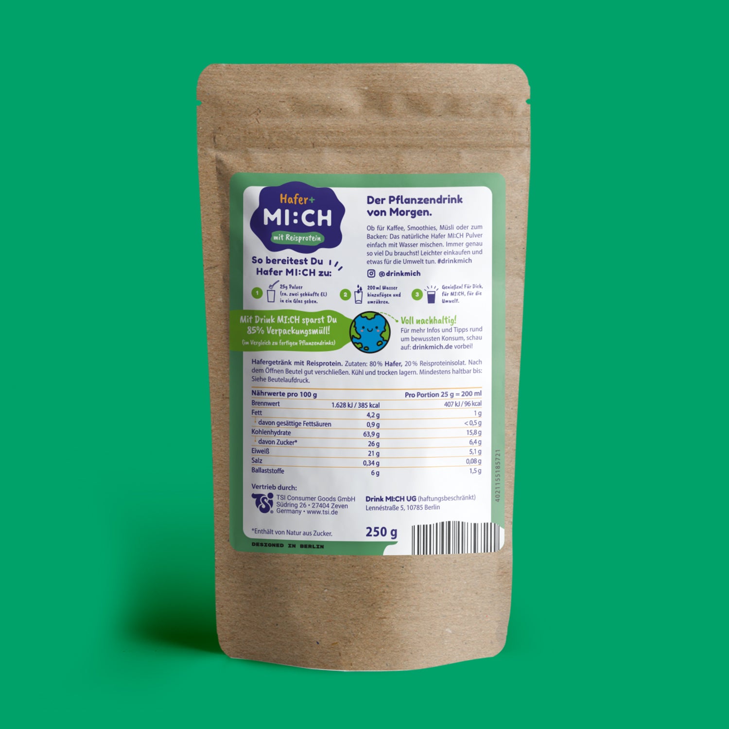 Drinkmich Haferdrink zum Selbermixen mit Reisprotein Produktrückseite vor dunkelgrünem Hintergrund