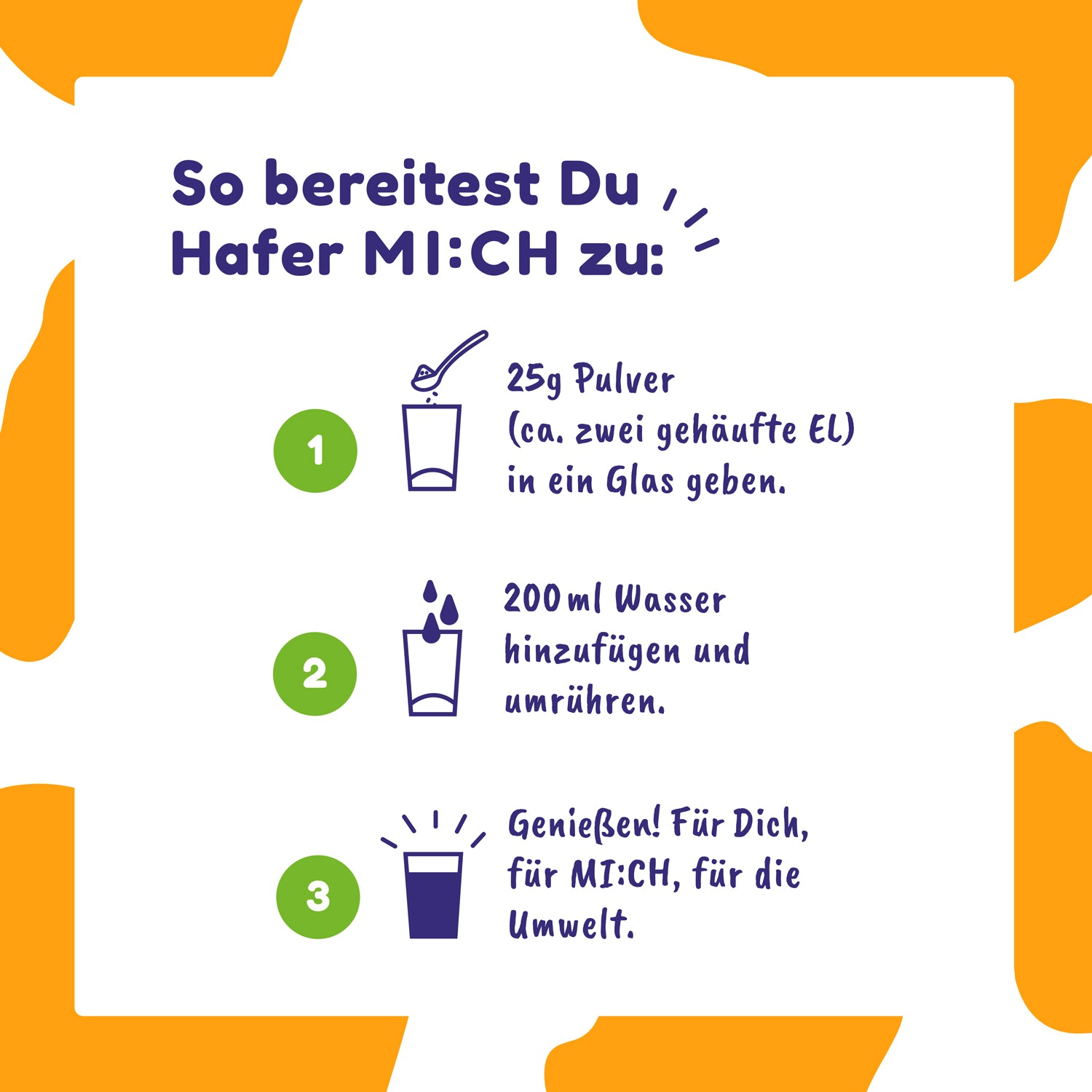 Drinkmich Hafermilchpulver Klassik Zubereitungshinweis in drei Schritten vor weiß orangem Hintergrund