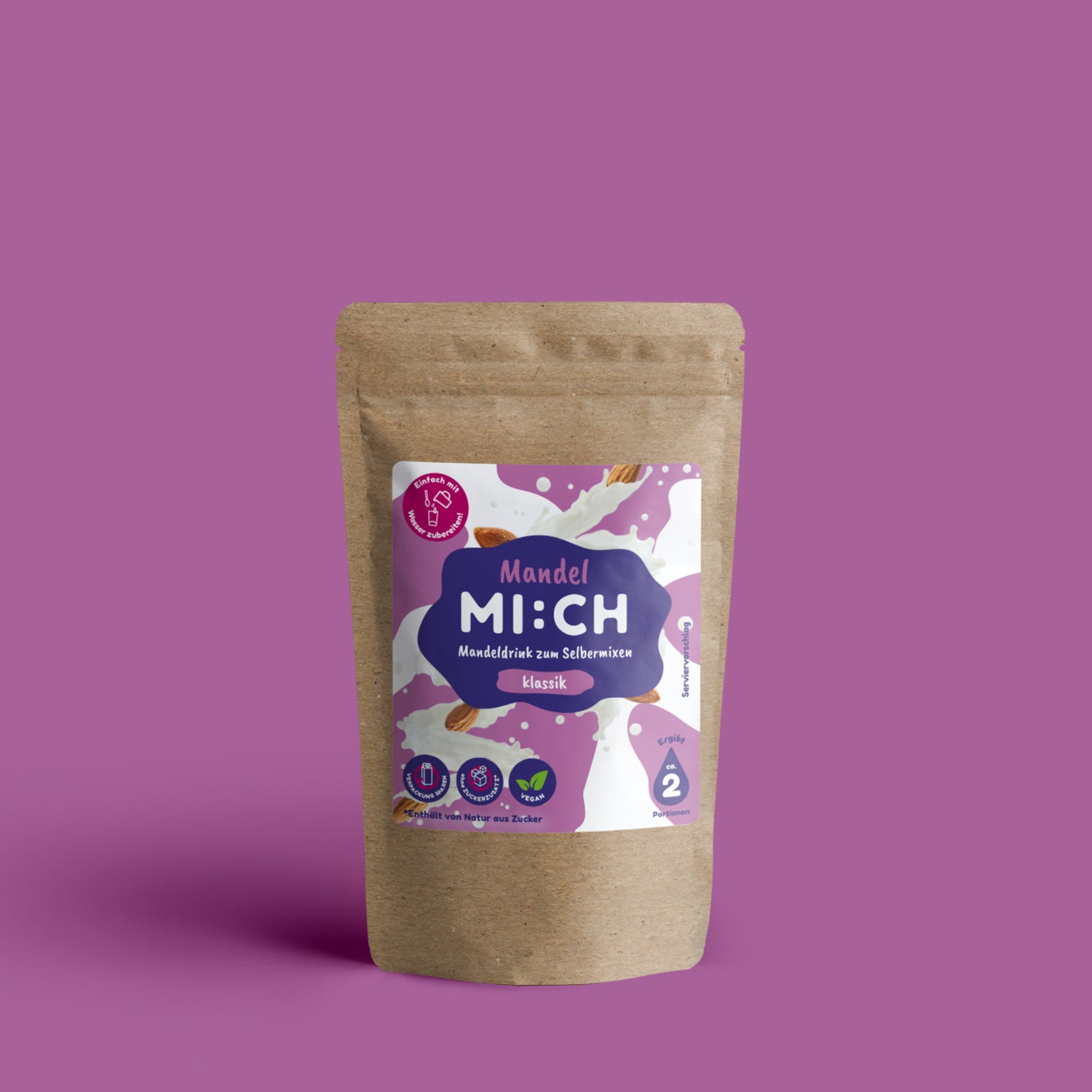 Drinkmich Mandelmilchdrink zum Selbermixen kleine Packung produktfoto vor lila Hintergrund