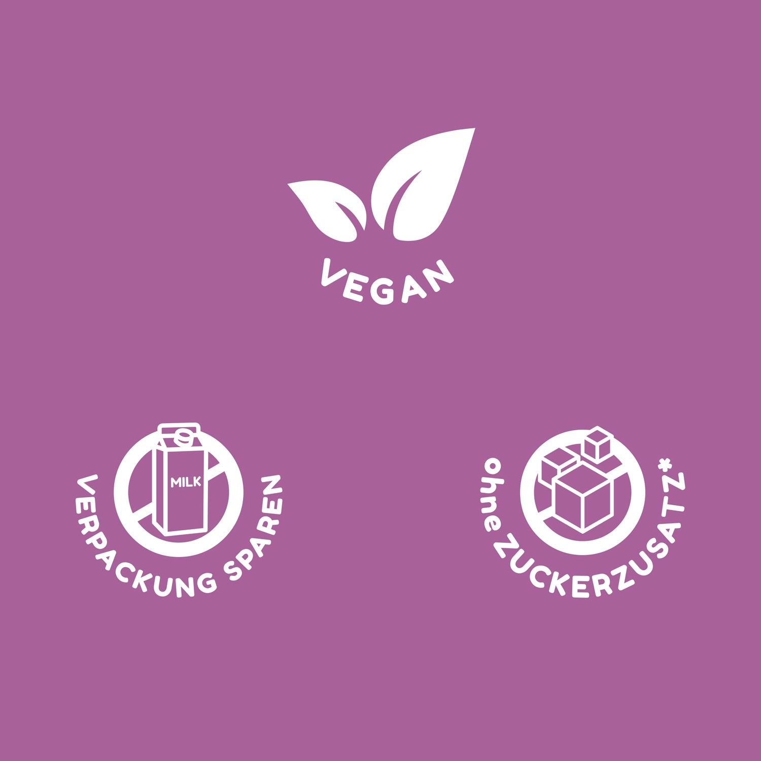 Drinkmich Icons mit Produktinformationen über den Mandeldrink zum Selbermixen ohne Zuckerzusatz Vegan Verpackungssparend