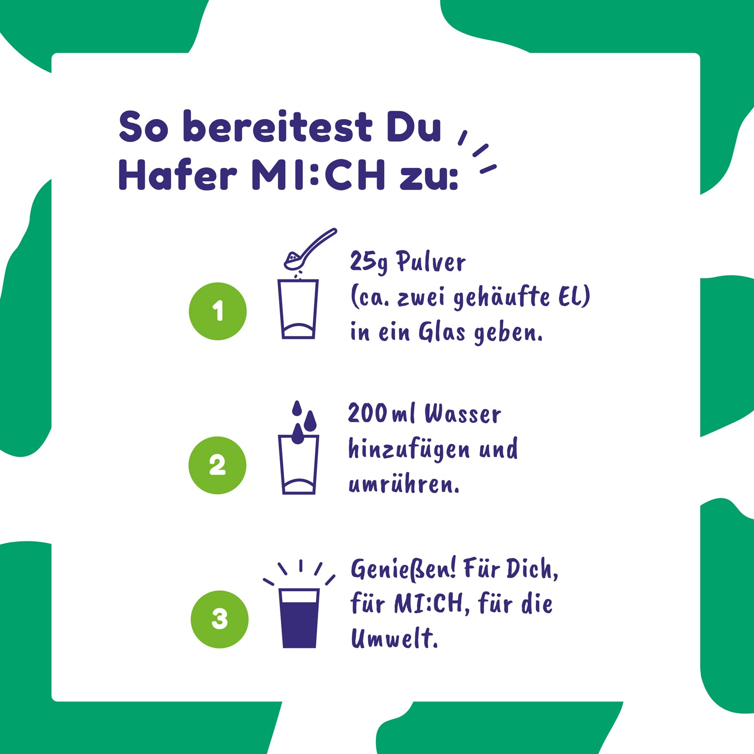 Drink Mich Hafermilchpulver zum Selbermixen mit Reisprotein drei Schritte produktzubereitung vor weiß grünem Hintergrund
