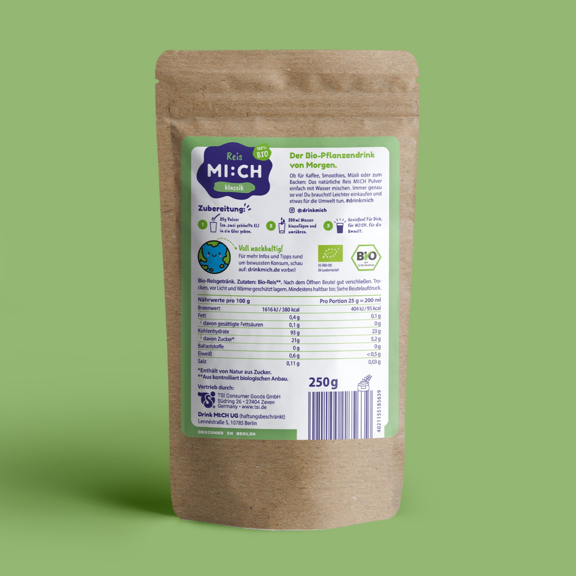 Drink Mich Bio Reisdrinkpulver Rückseite der Verpackung vor hellgrünem Hintergrund