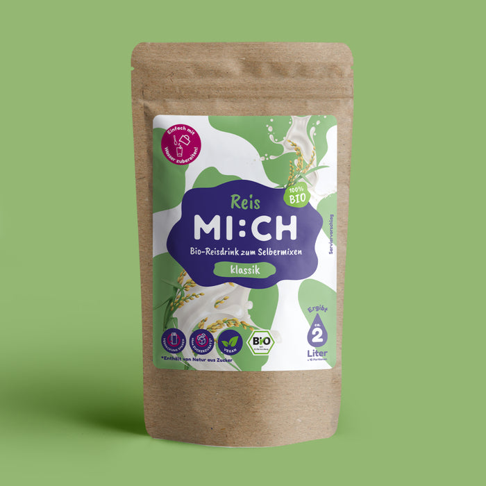 Drink Mich Bio Reisdrinkpulver Standbeutel vor hellgrünem Hintergrund 
